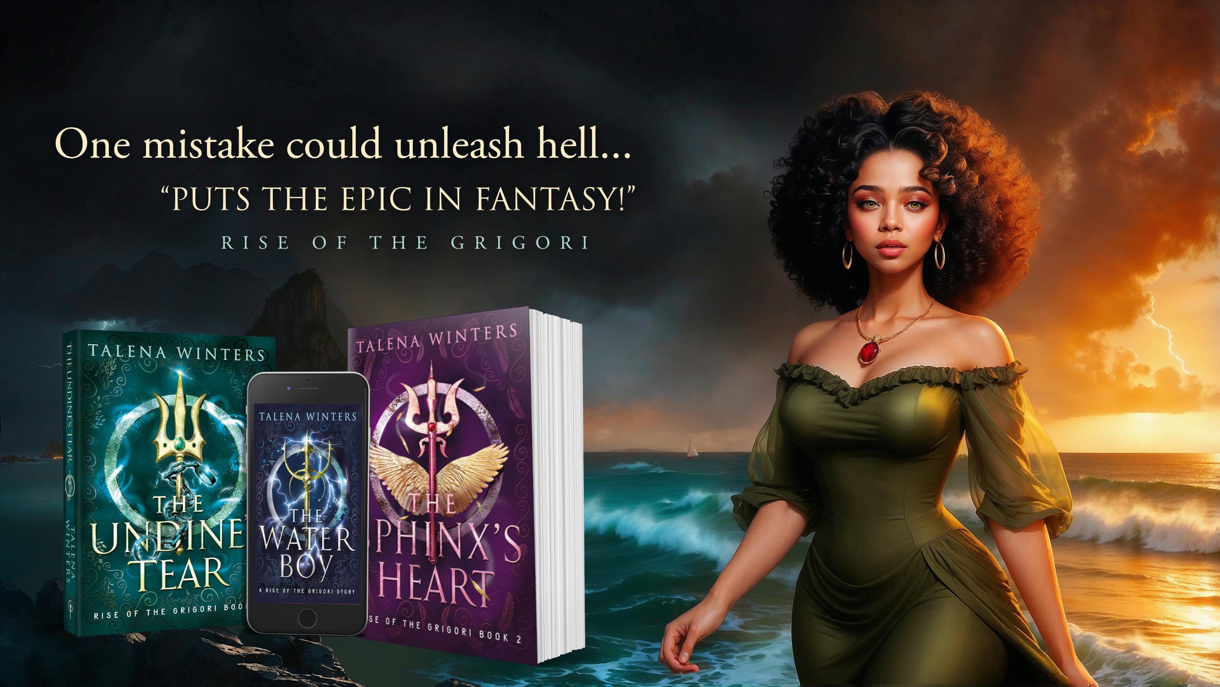 Series banner: "One mistake could unleash hell... 'Puts the epic in fantasy!' Rise of the Grigori." A golden-eyed woman walks in front of a stormy sea.