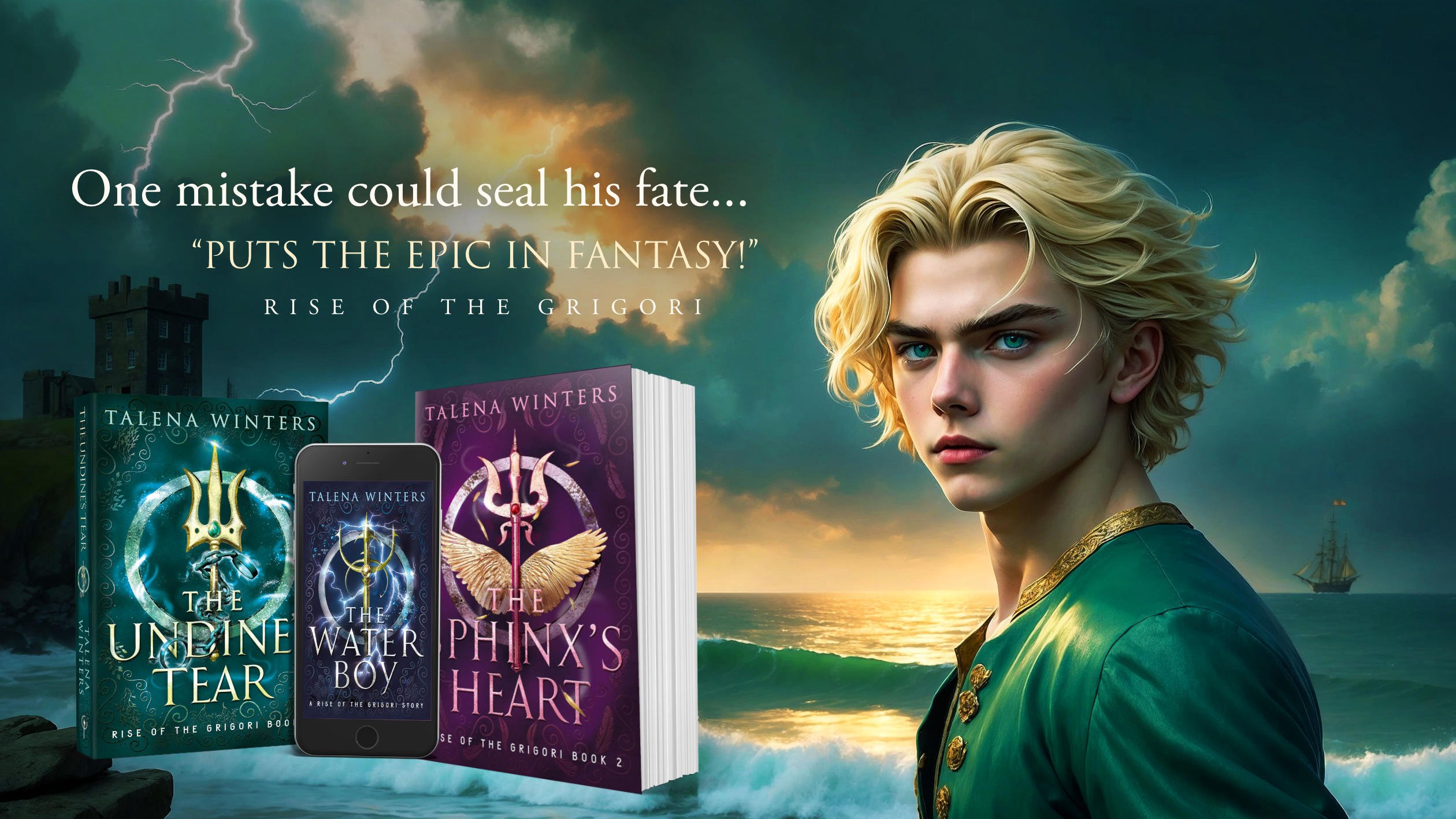 "One mistake could seal his fate... 'Puts the epic in fantasy!' Rise of the Grigori." A young blond man stands in front of stormy seas.