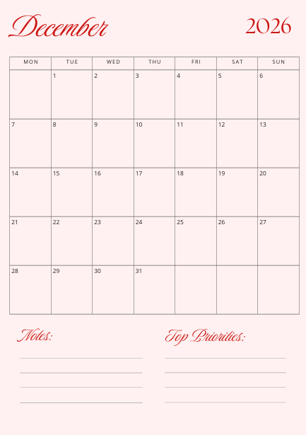 "December 2026 calendar page in warm red and pink tones with monthly grid, notes area, and space for priorities — minimalist printable planner for year-end reflection."
