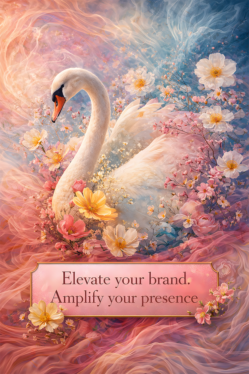 luxury branding template, swan floral art, feminine marketing graphic, rose gold branding, luxury call to action design, pastel floral ad template, high end digital art, elegant brand promotion, Pinterest marketing graphic, luxury social media template, p