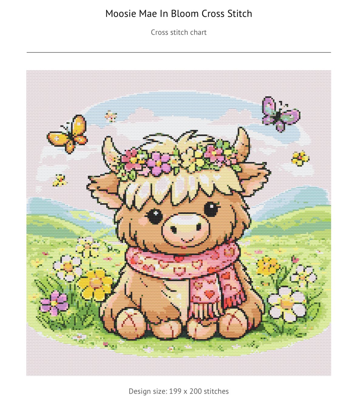 Moosie Mae highland cow bloom meadows cross stitch pattern