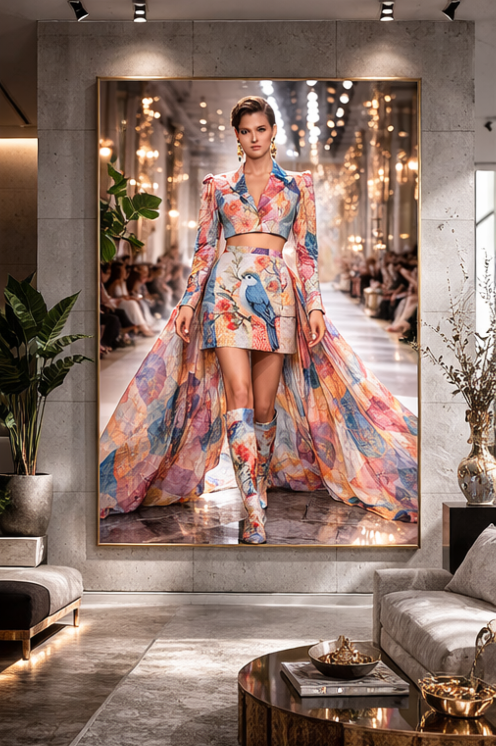 floral couture, runway fashion, pastel fashion editorial, bird print dress, luxury fashion photography, haute couture outfit, magazine cover image, designer fashion look.fashion mockup editorial mockup magazine cover mockup luxury fashion display runway p
