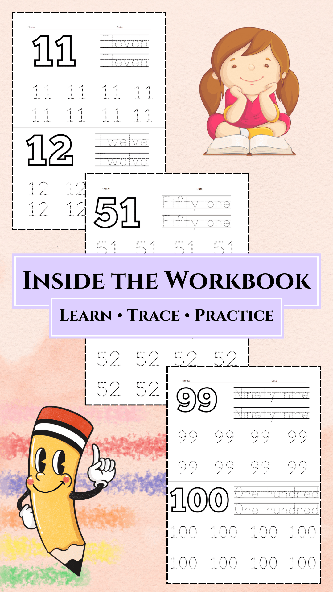 Inside pages of numbers 1–100 tracing and writing workbook for preschool and kindergarten showing large coloring numbers, dotted tracing practice, and number spelling exercises.