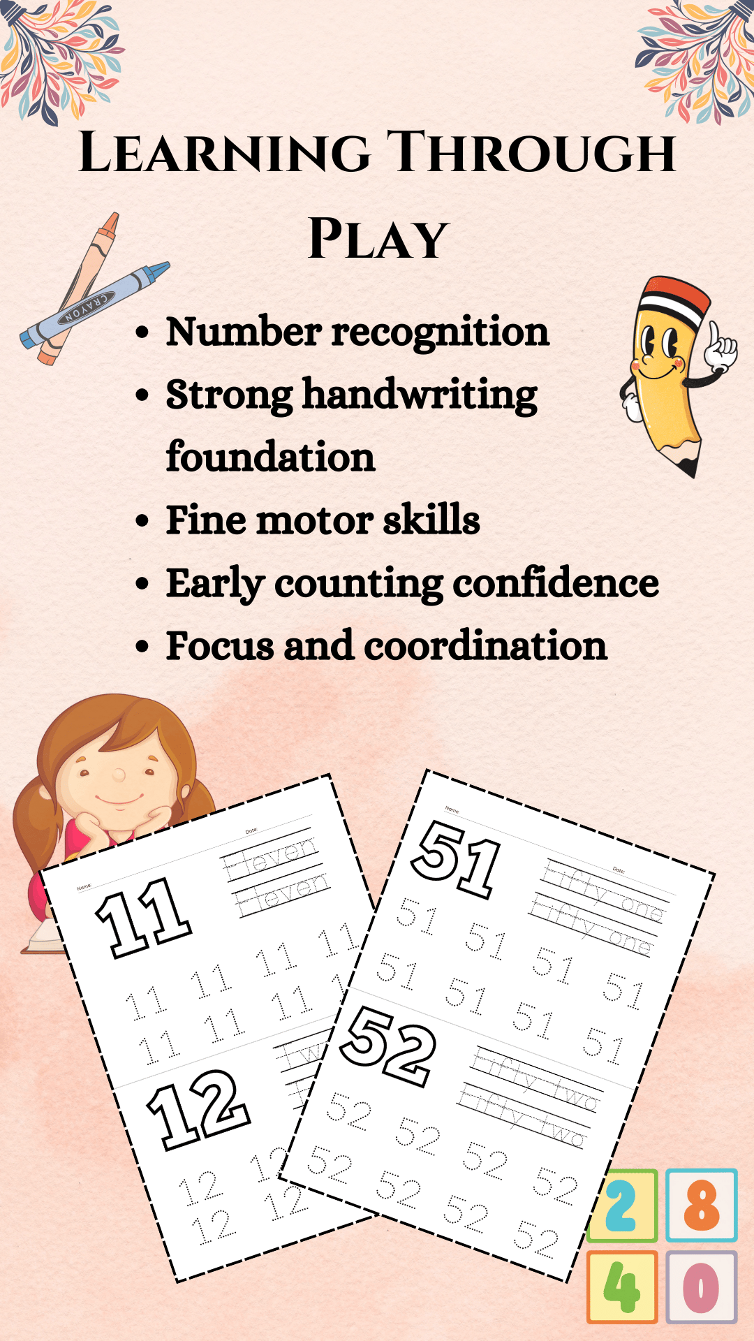 Preschool numbers 1–100 tracing and writing workbook printable PDF showing benefits including number recognition, strong handwriting foundation, fine motor skills, early counting confidence, and focus development for ages 4–7.