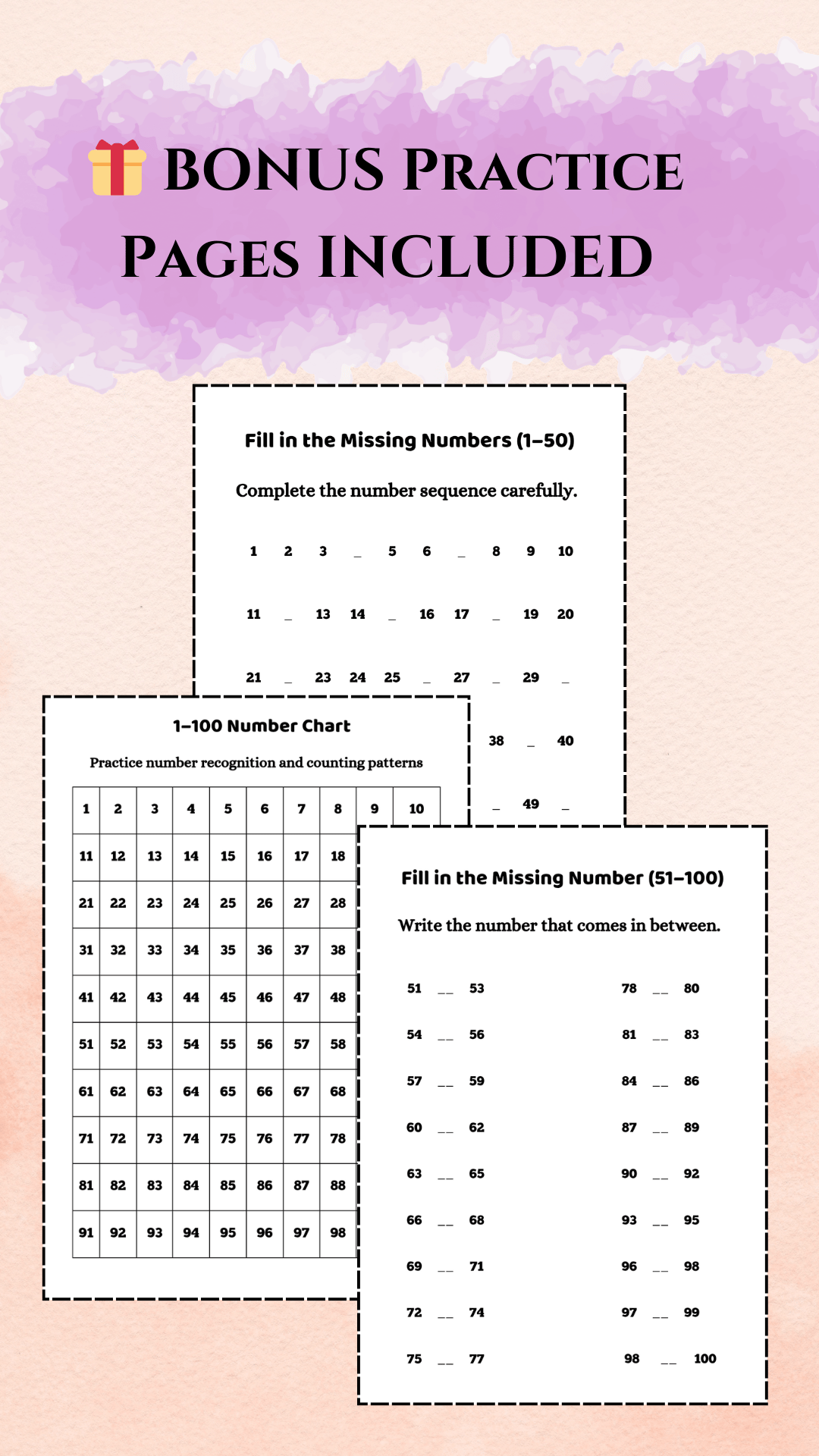 Bonus practice pages included in preschool numbers 1–100 printable workbook featuring missing numbers 1–50, missing numbers 51–100, and a 1–100 number chart for extra math practice.