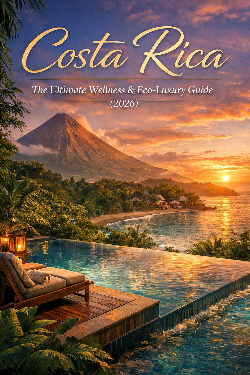 Costa Rica Ultimate Travel Guide 2026 cover showing Arenal Volcano and luxury eco-resort. 62-page PDF digital download with interactive Google Maps links, local secret spots, and budget-saving tips for tourists.