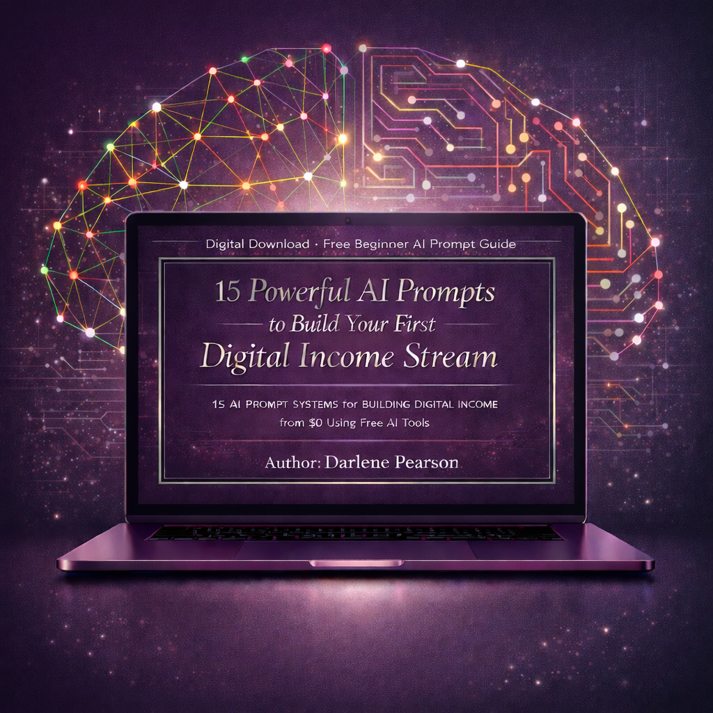 Free guide with 15 AI prompts to help you identify a niche, validate a digital product idea, and map your first digital income stream using free AI tools.