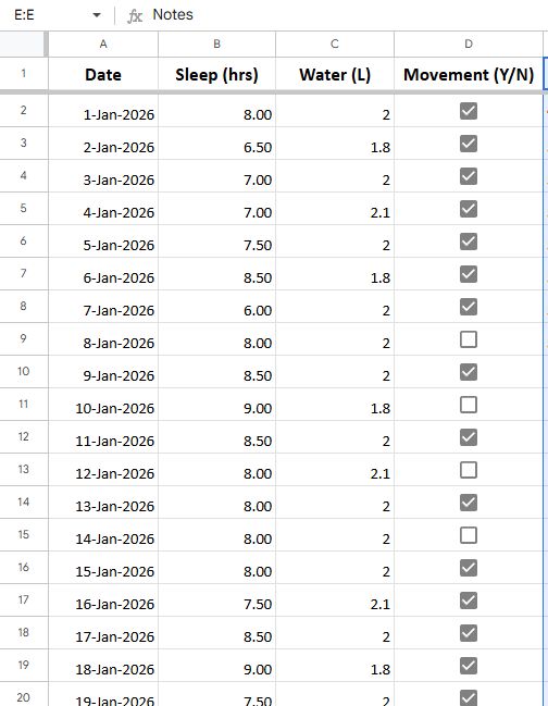 The Lite version of the Self-Care Tracker, simplified to track essential habits like Sleep (hrs), Water (L), and a Movement checkbox.