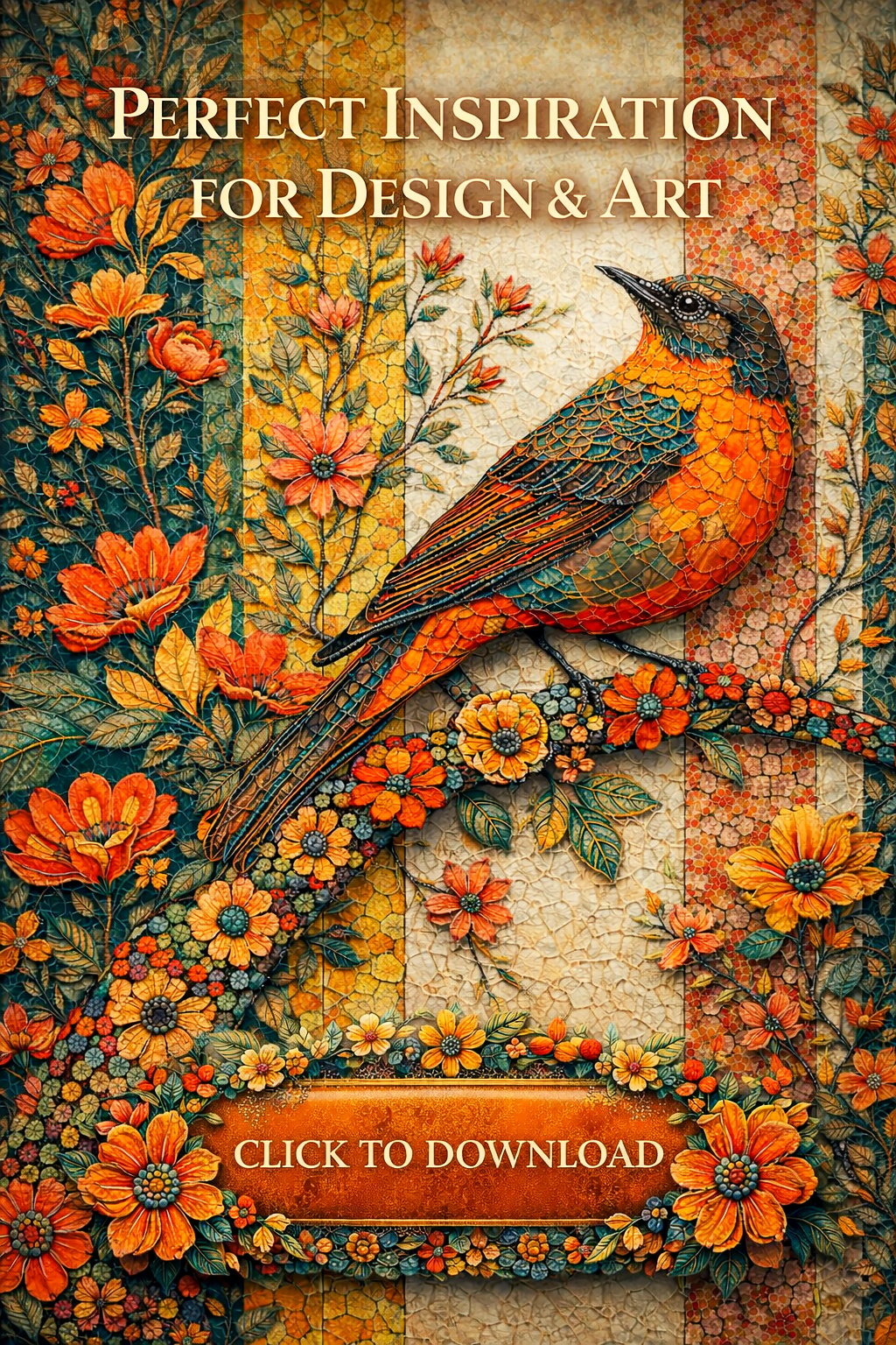 luxury wall art mockup mosaic bird artwork floral textile design autumn bird wall decor high resolution wall art 8k printable artwork luxury fabric design interior design mockup hotel lobby artwork modern hallway art floral curtain pattern designer home d