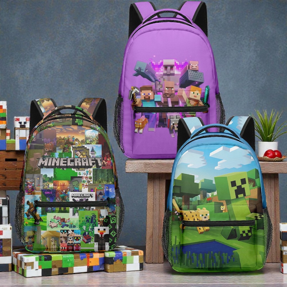 Minecraft-inspired large capacity school backpack with 3D pixel design