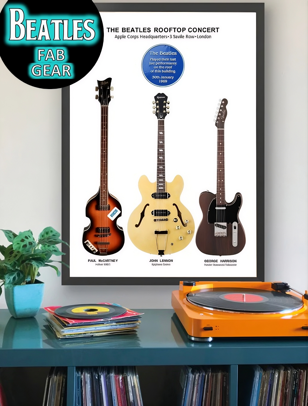 This poster depicts the Beatles’ Blue Plaque that now mounts the façade of 3 Savile Row and the guitars played that day on the roof of the Apple Headquarters.
