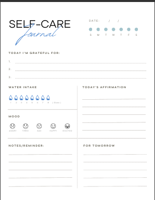 "Self-care spread from My Daily Journal with gratitude prompts, water intake tracker, todays affirmation, mood check-in, and notes section – clean black and white minimalist design for daily reflection and planning."