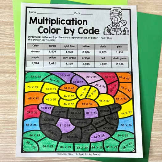 St Patrick's Day Multiplication Color by Number Math Word Problem 4th 5th Grade