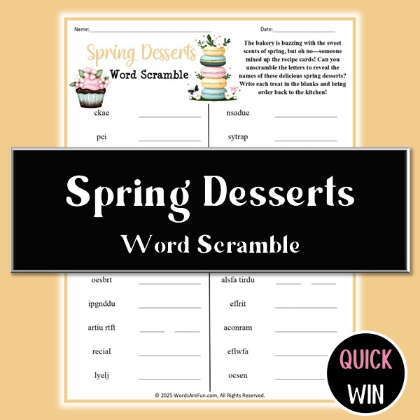 Spring Desserts Word Scramble Printable PDF – Spring Party Activity ...