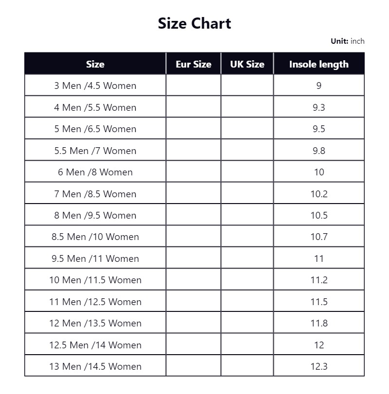 Hula Running Shoe Size Chart
