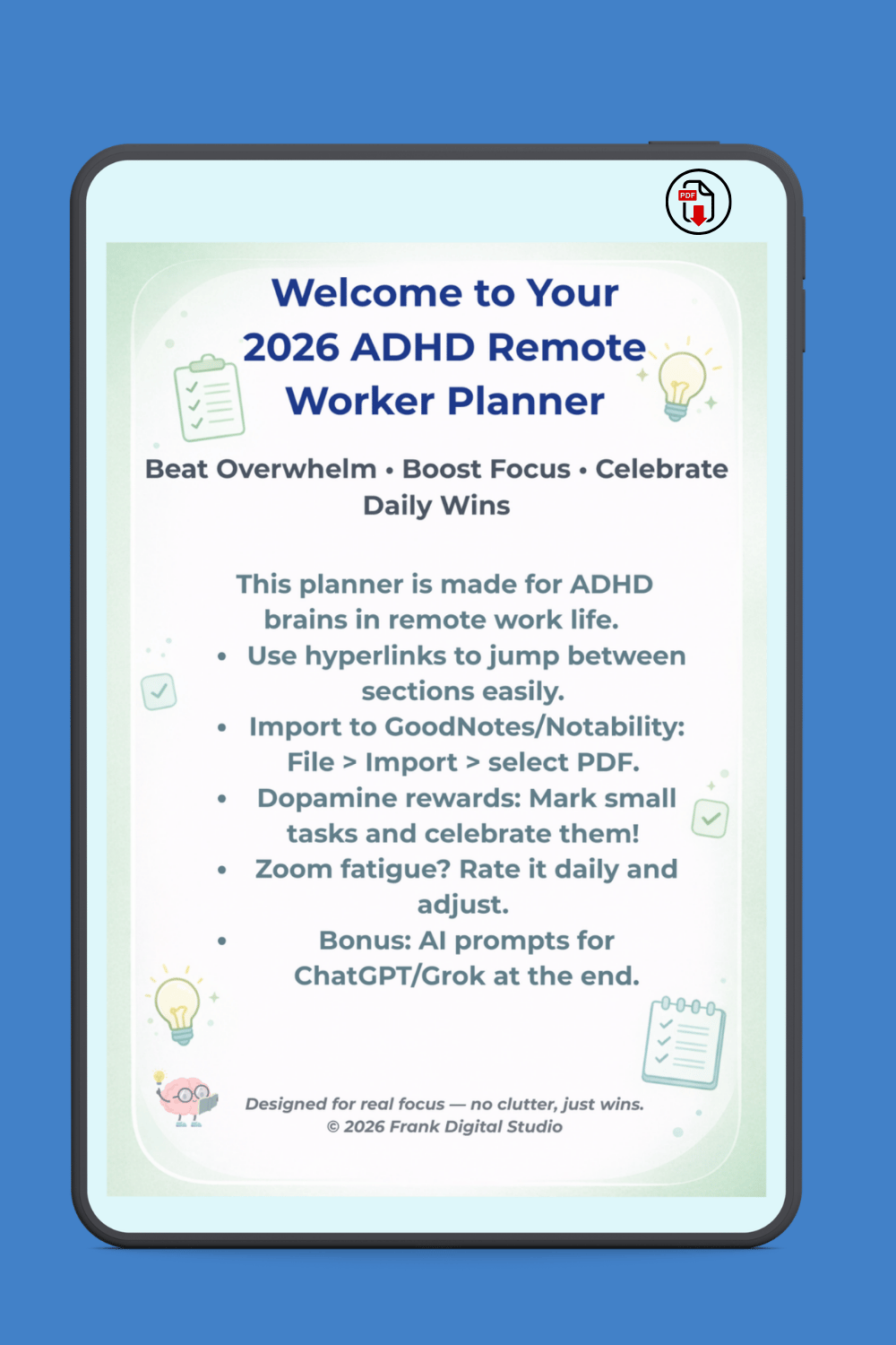 Welcome screen of 2026 ADHD Remote Worker Planner – Gentle introduction for ADHD brains in remote work