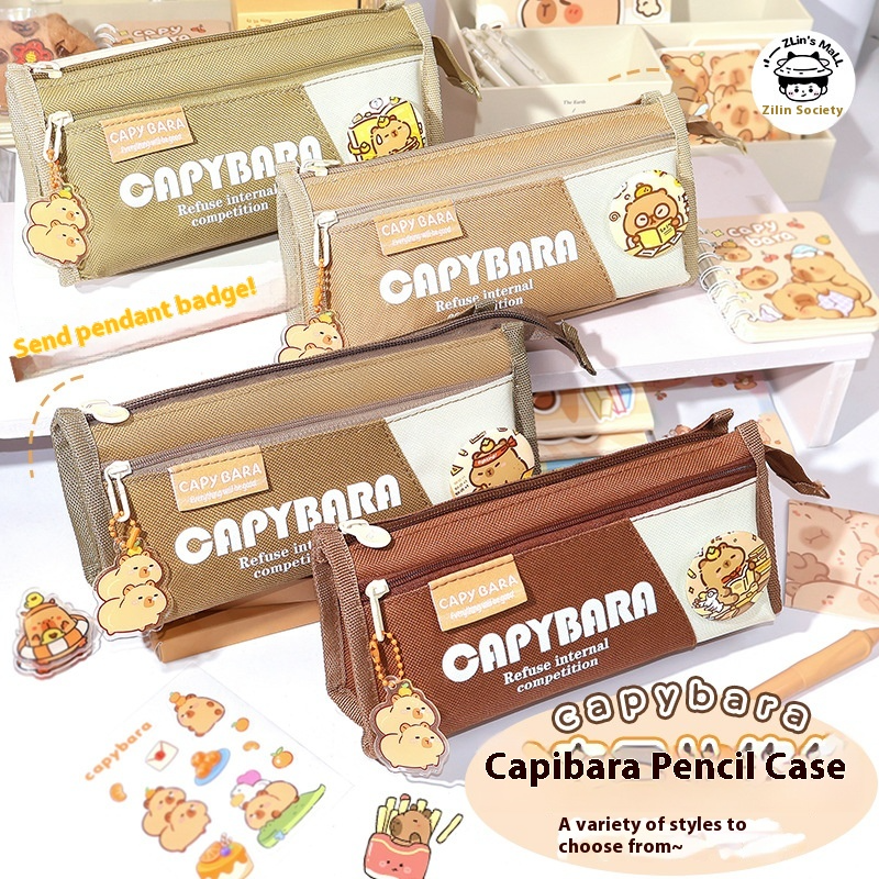 Capybara large capacity canvas pencil box with double-deck storage