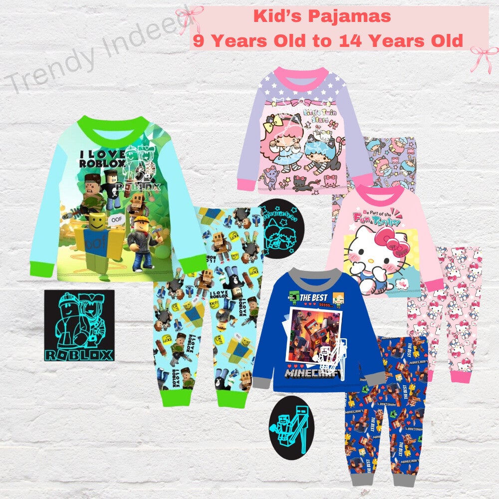 Kids character-themed pajamas for ages 9-14 with gaming pixel design