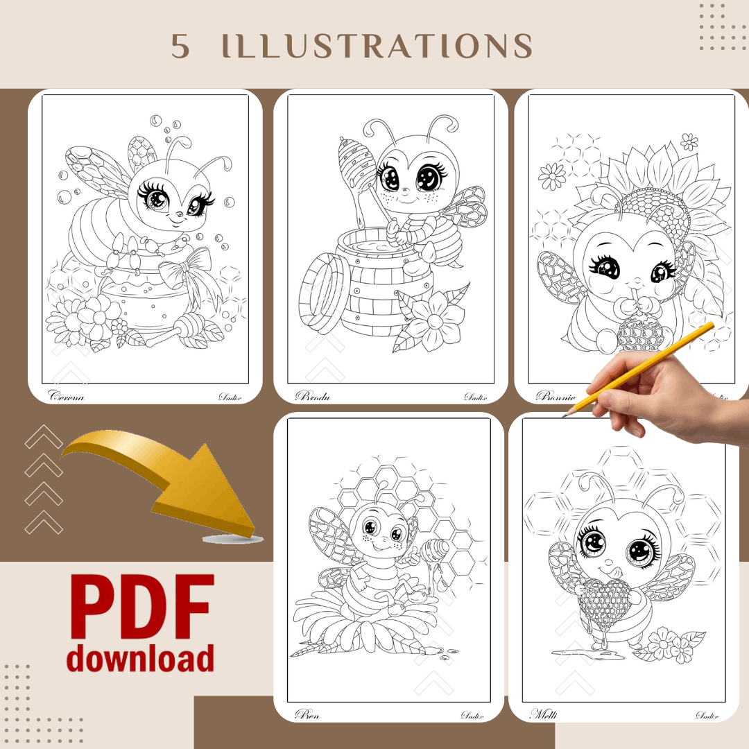 Coloriage abeille, dessin miel, activité enfant, téléchargement numérique, PDF à imprimer, coloriage kawaii, scrapbooking, école à la maison, cadeau enfant, illustration abeille.