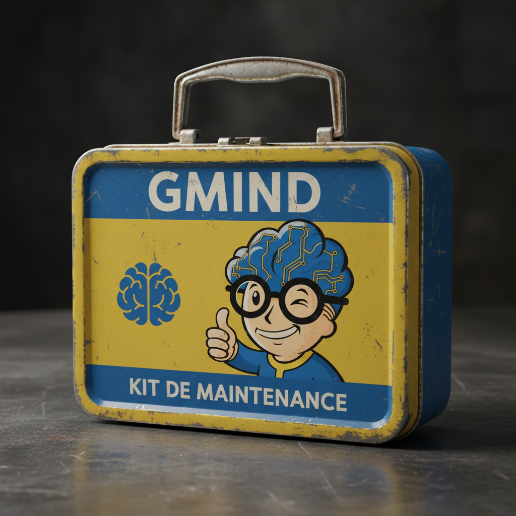 Photographie dune valise de survie métallique rétro-futuriste jaune et bleue portant linscription GMIND et KIT DE MAINTENANCE, illustrée avec le personnage GMIND-BOY (cerveau bleu à lunettes) faisant un pouce levé.