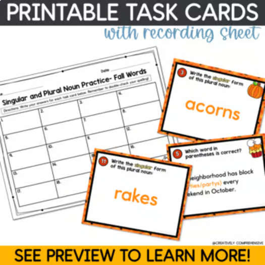 Singular + Plural Nouns Activities: Fall Nouns Task Cards for Centers + Practice