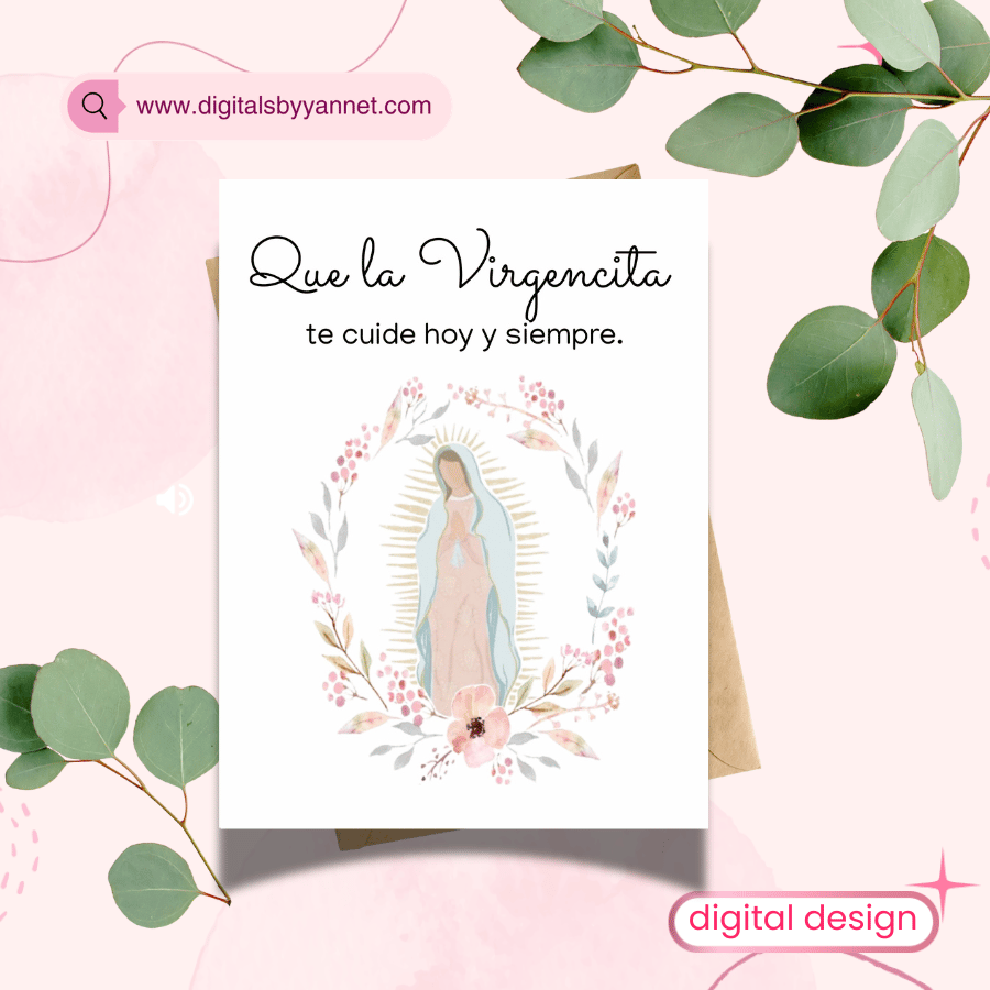 Minimalist faith-based printable card with watercolor Virgin Mary illustration and blank interior for a personalized message.