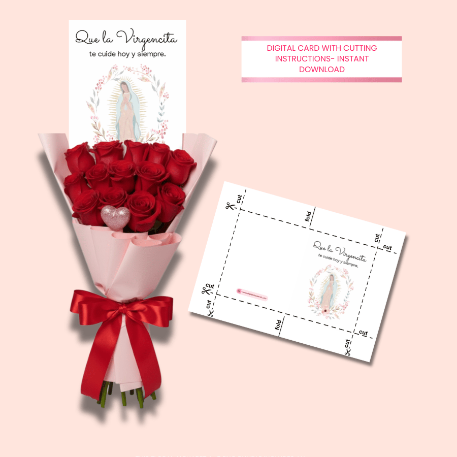 Spanish religious greeting card with the message “Que la Virgencita te cuide hoy y siempre” designed for printing on letter size paper.