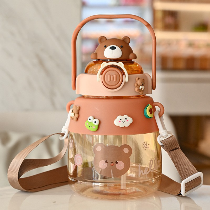 Kids water bottle with straw large 1200ml capacity and shoulder strap