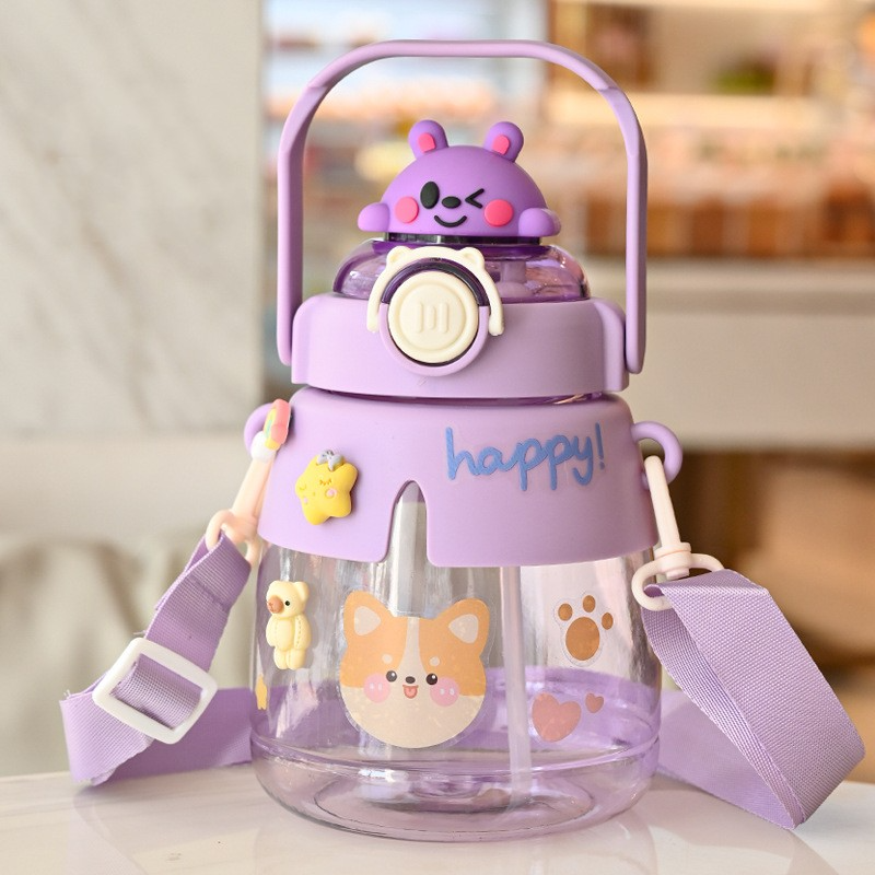 Cute cartoon straw water bottle for kids 1200ml with strap and stickers