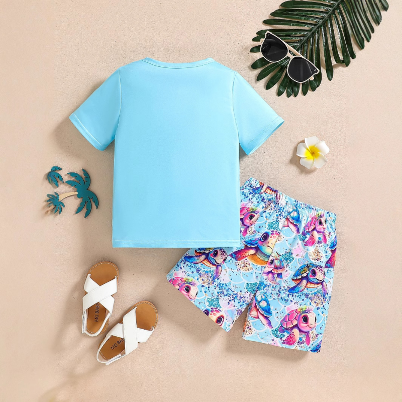 Turtley adorable girls summer outfit set with light blue T-shirt and animal print shorts