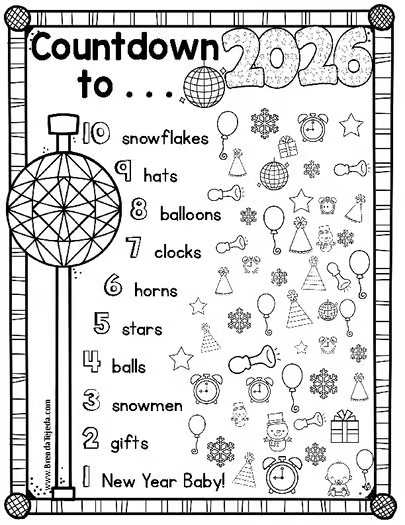 New Years 2026 Coloring Pages and New Year Bulletin Board Countdown Ball