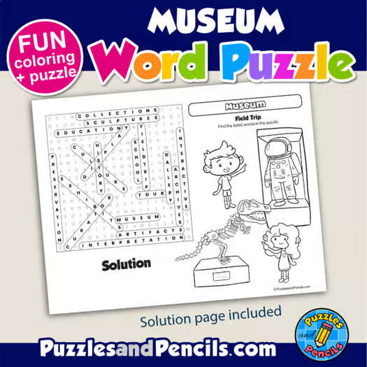 Field Trip - Museum Word Search Puzzle Activity Page and Coloring | Wordsearch
