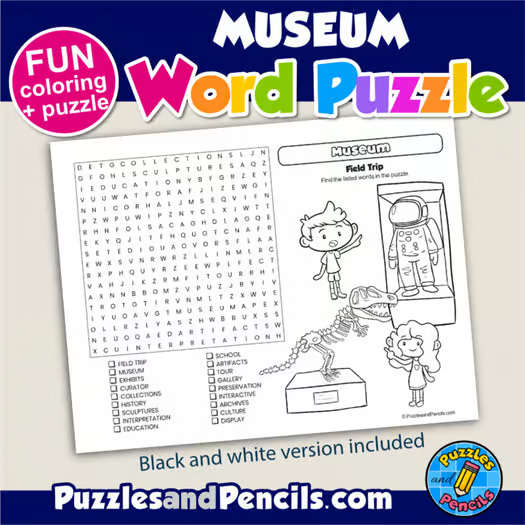 Field Trip - Museum Word Search Puzzle Activity Page and Coloring | Wordsearch