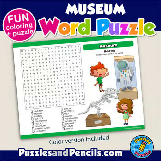 Field Trip - Museum Word Search Puzzle Activity Page and Coloring | Wordsearch