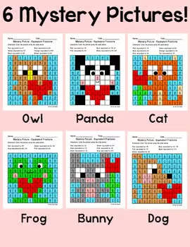 Valentine's Day Math Equivalent Fractions Center: Mystery Picture Coloring Pages