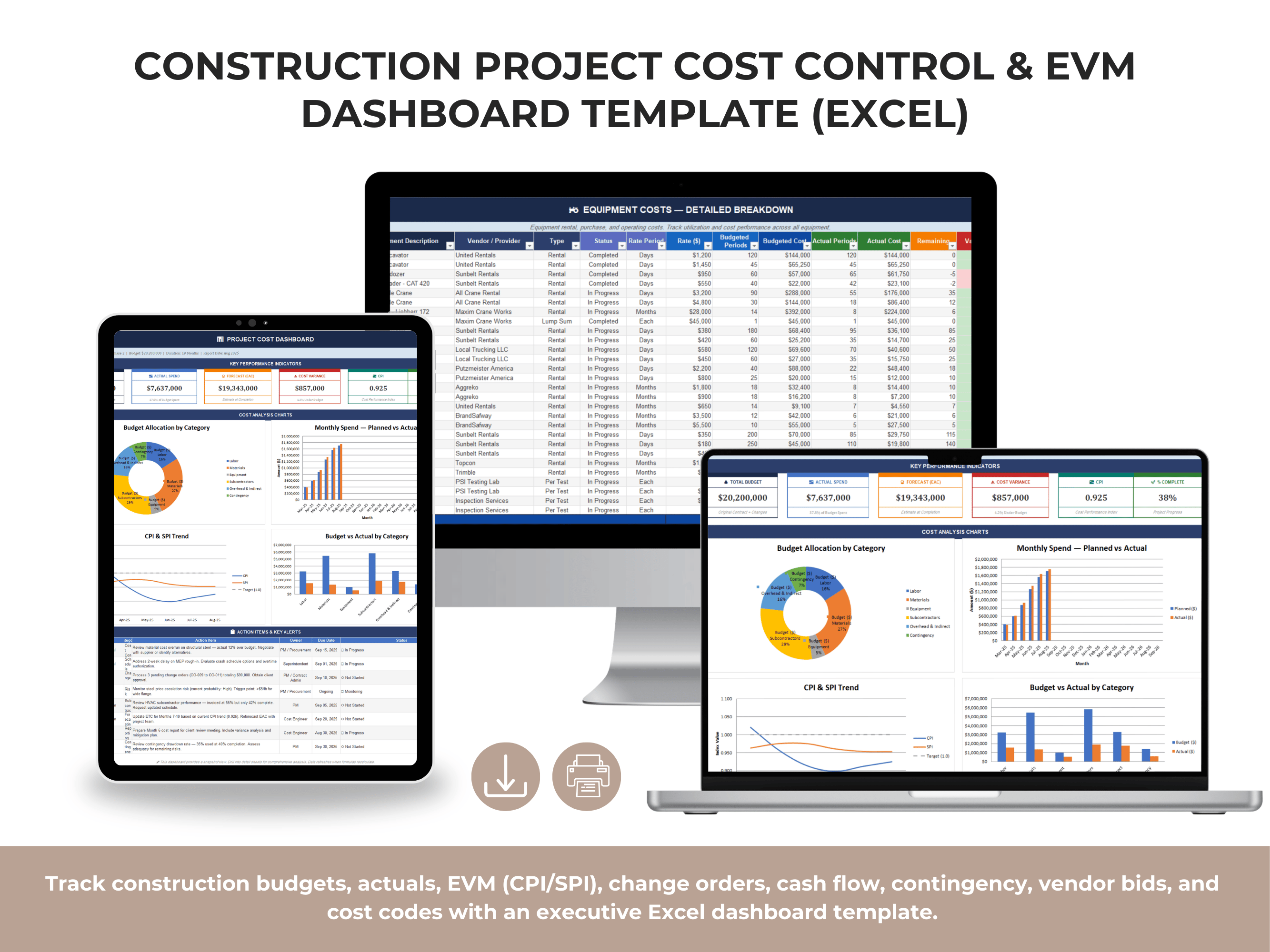 Construction Project Cost Control & EVM Dashboard Template (Excel)