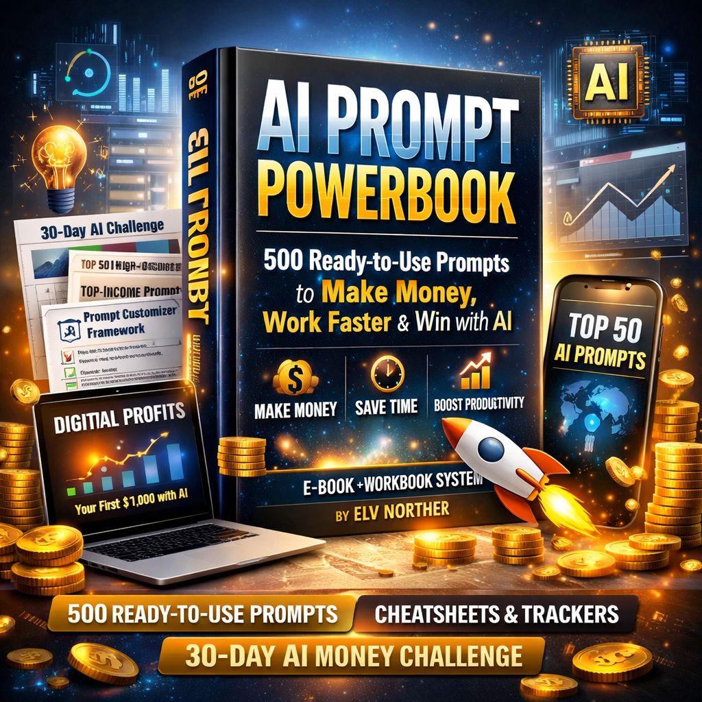 AI Prompt Powerbook with 500 ready-to-use prompts for monetization, productivity, digital products, and personal branding, helping users work faster, earn more, and leverage artificial intelligence effectively.