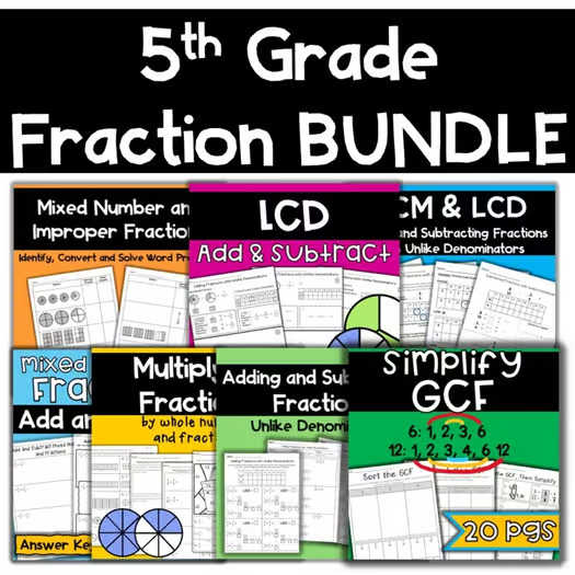 5th Grade Fractions Bundle w/ Improper Mixed Number LCD & Multiplying Fractions