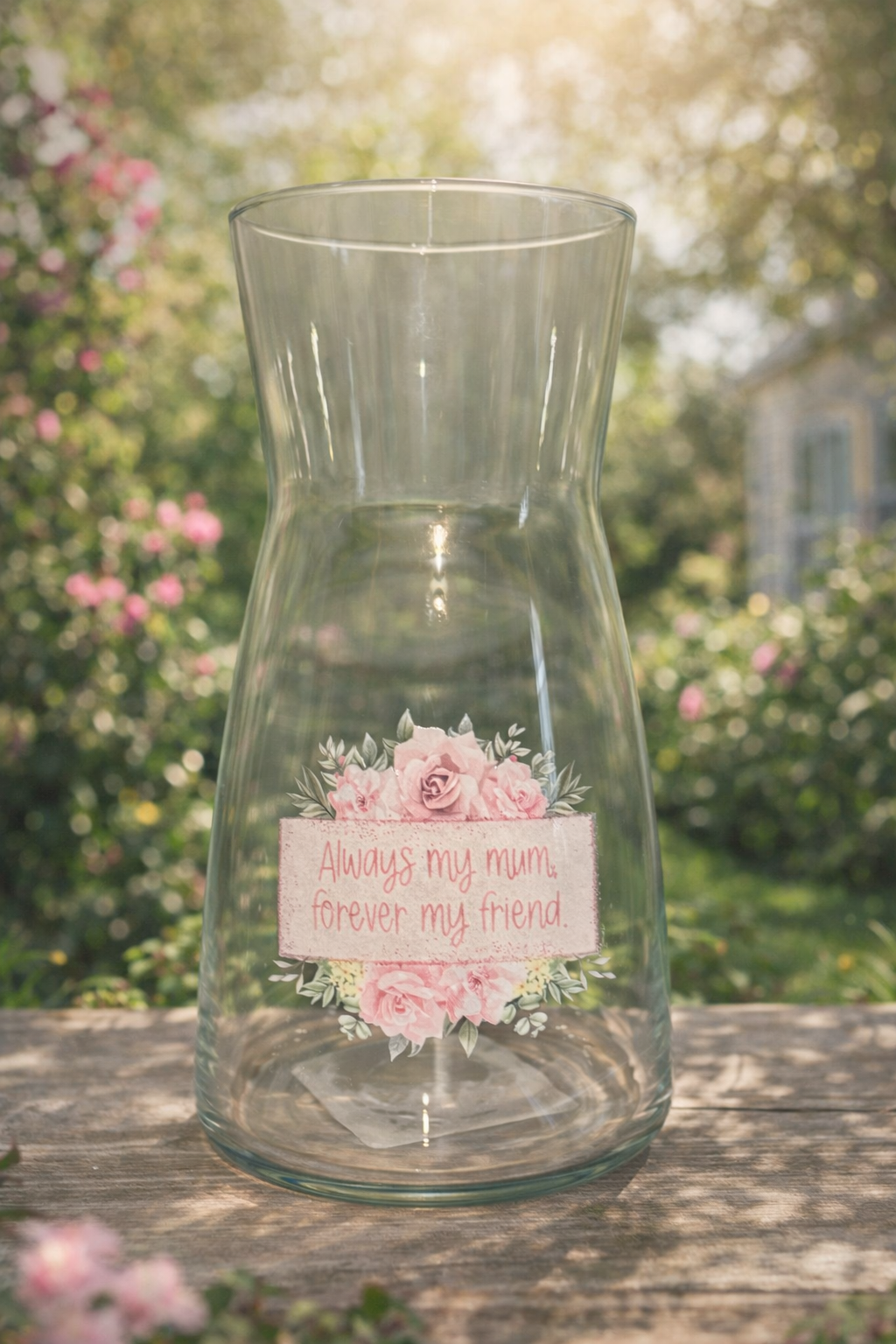 Always my mum forever my friend glass vase with pink floral design gift for mum