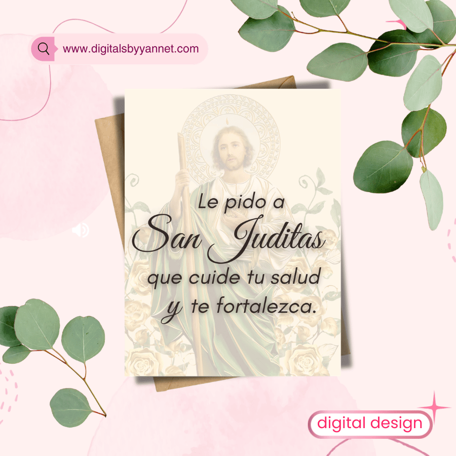 Spanish San Judas Tadeo printable get well soon card featuring devotional artwork and healing prayer message.