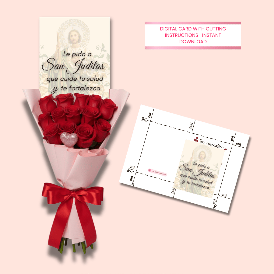 Catholic digital greeting card with San Juditas background image and Spanish prayer for health and strength.