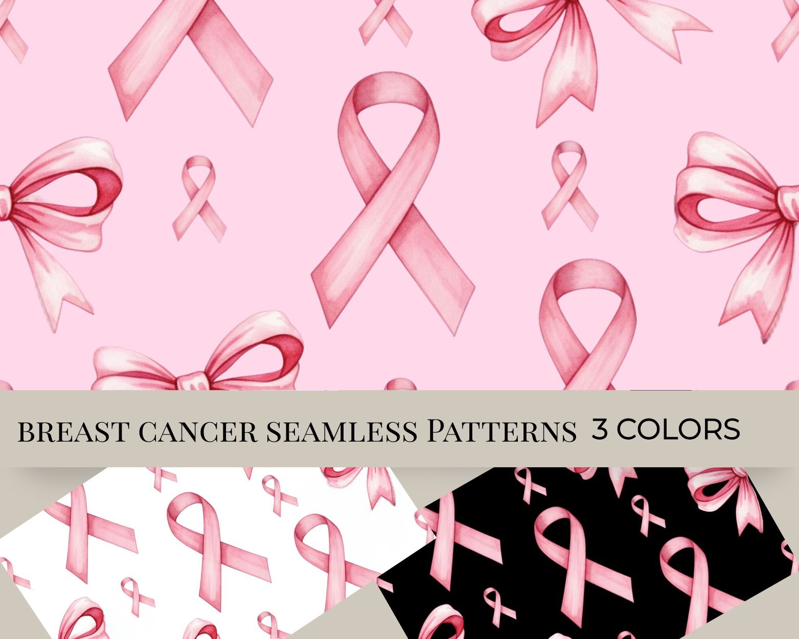 Breast Cancer Support Seamless Pattern 3 Color PNG Bundle: Pink Ribbon ...