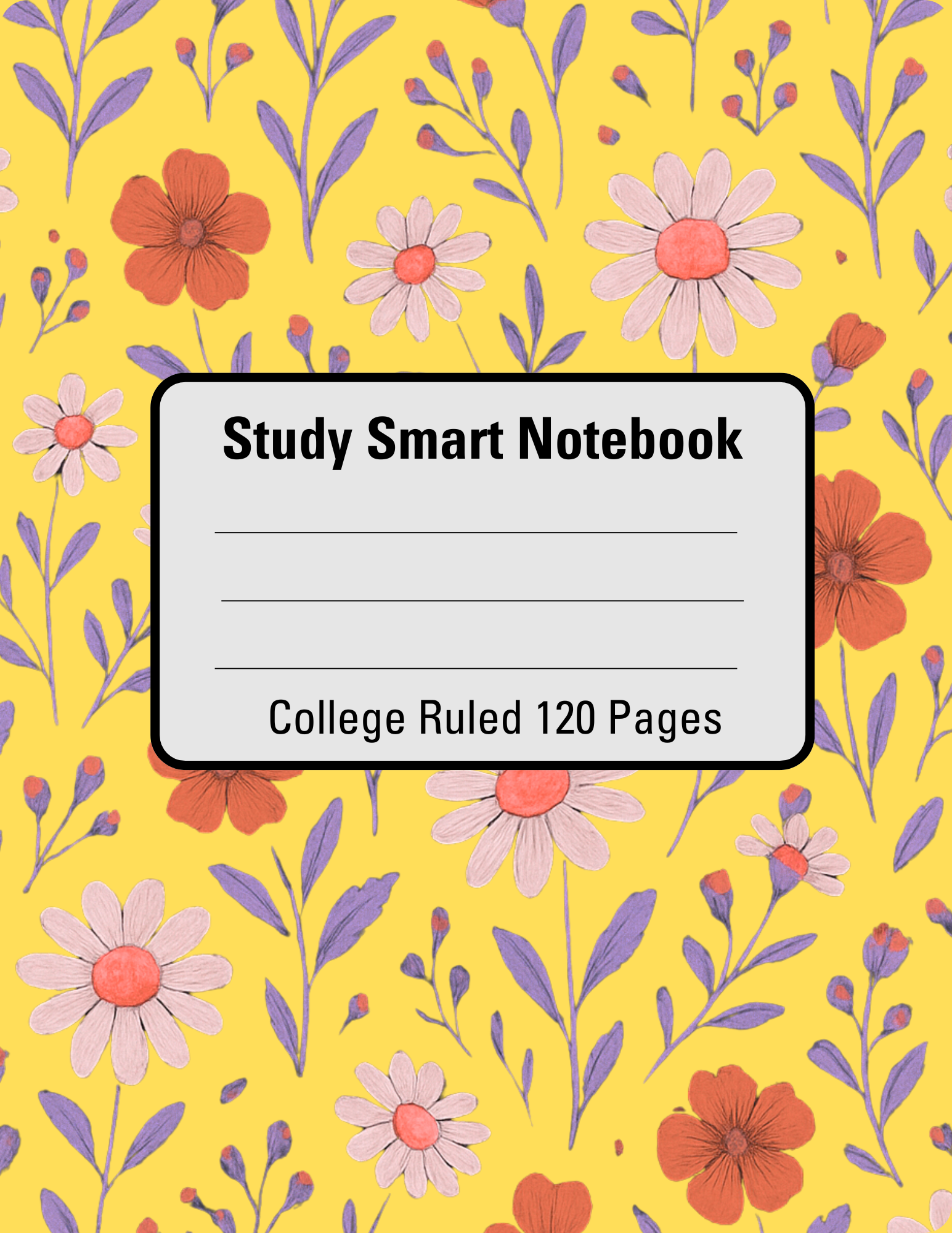 Study Smart Notebook – Yellow Floral College Ruled Journal, 120 Pages ...