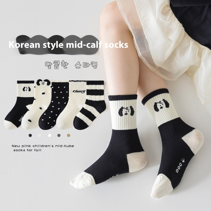 5 pair girls mid-calf socks soft pure cotton