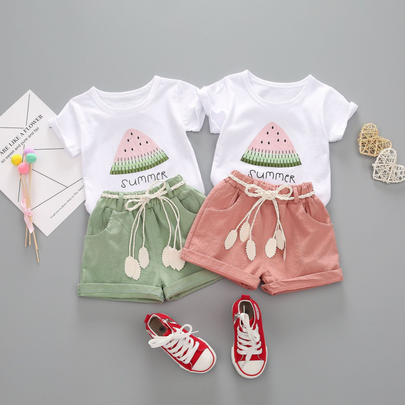 Girls summer two-piece outfit with watermelon print T-shirt and shorts
