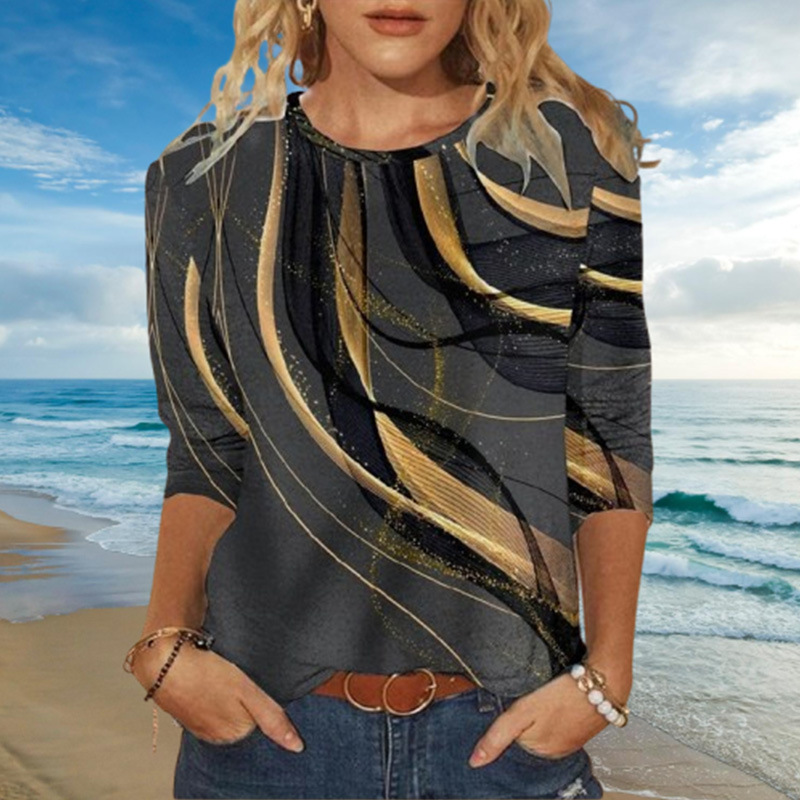 Elegant women’s round neck abstract print loose long sleeve top