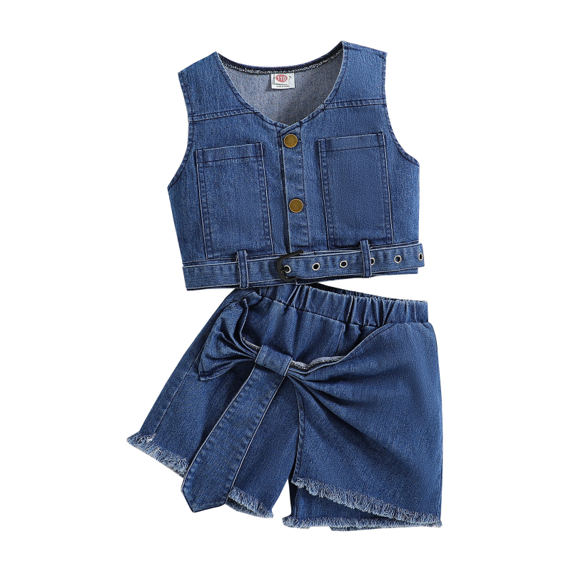 Fashion girls sleeveless denim suit with bow accent