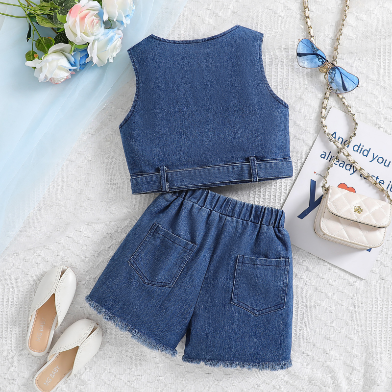 Cute girls denim vest and culottes clothing set