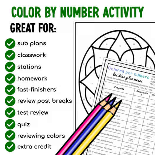 Months of the Year Spanish Days of the Week Color By Number Spanish 1 Activity