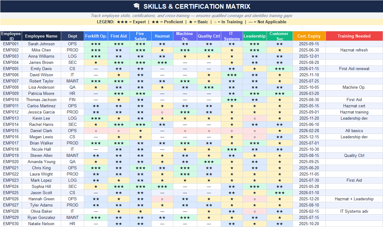 Employee skills and certification matrix Excel template tracking qualifications, training needs, and certification expiry dates